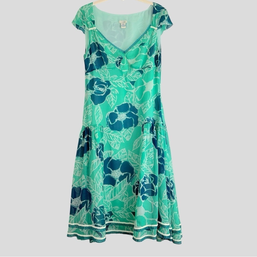 Odille 100% Silk Drop Waist Dress 6 Teal Floral Velvet Lace 90s Y2K Whimsigoth - Picture 15 of 15